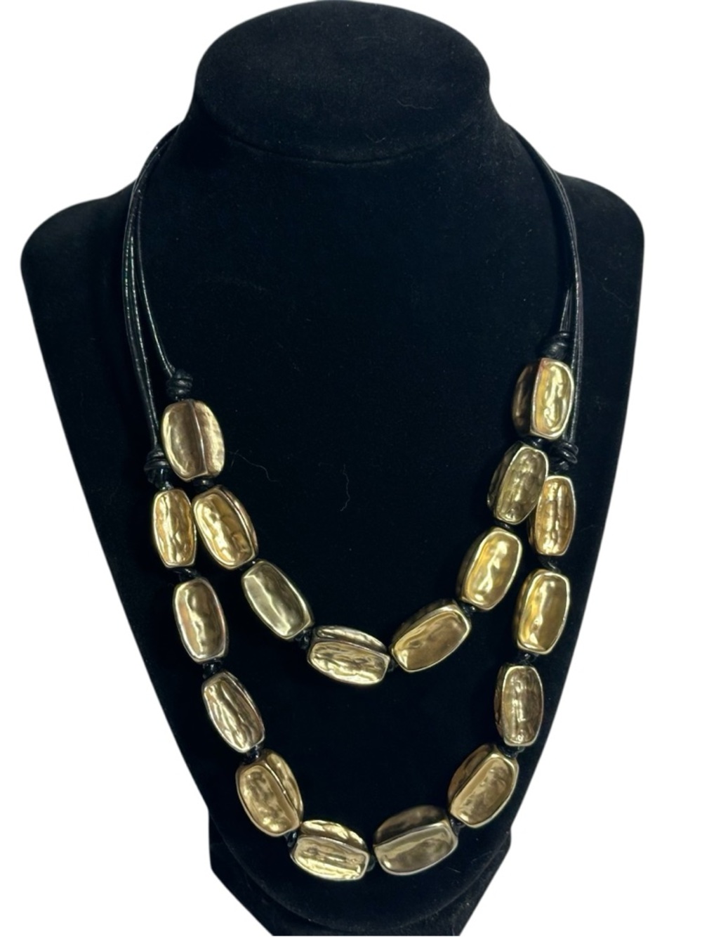 Chicos Chunky Gold Tone Bead & Black Leather Cord Statement Necklace Lightweight